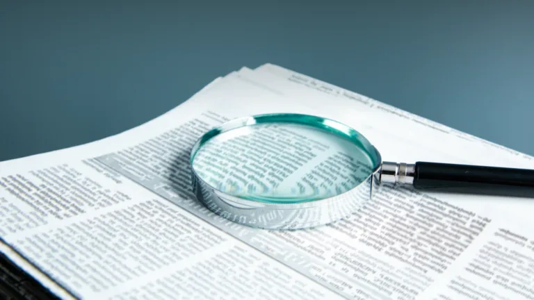 A magnifying glass rests on a stack of newspapers