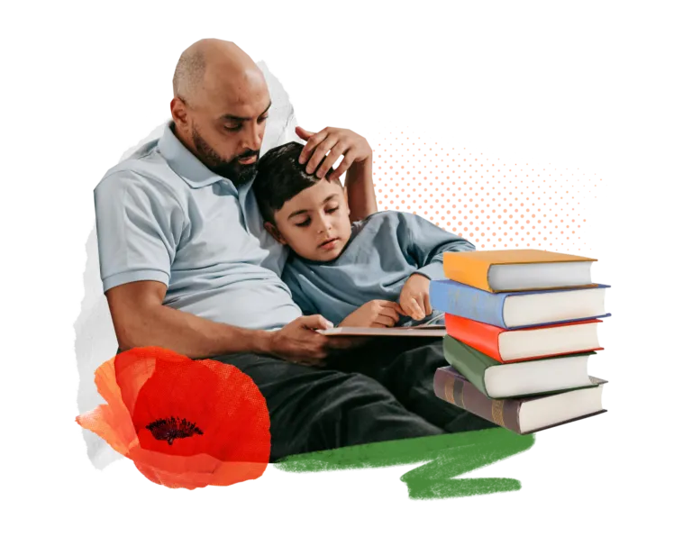 A father holds his son, a young boy with dark hair, against his chest while he reads a book with him, surrounded by a collage of orange poppies, a stack of books and green marker lines.