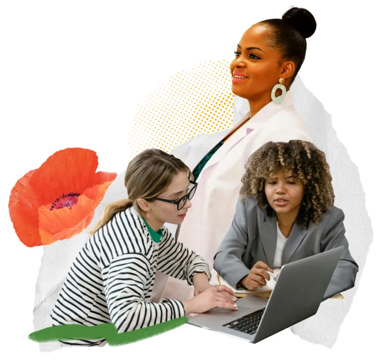 A collage of two women at a laptop, a poppy, and abstract shapes on a black background.