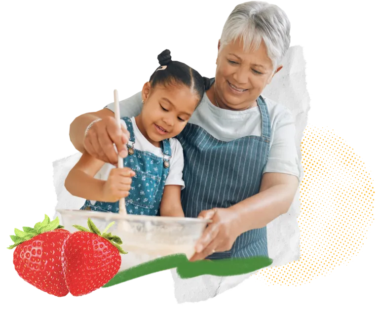 Collage of adult woman and child baking together, with illustrated strawberries and dotted patterns.