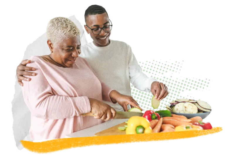 Collage of two people preparing food together with fresh vegetables on the counter.