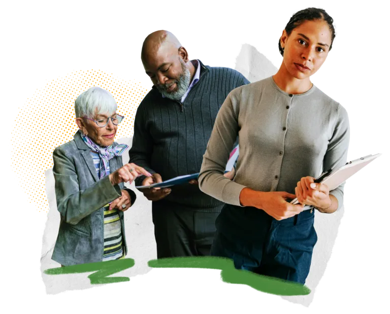 Collage of three professionals with documents, standing, with creative background design.