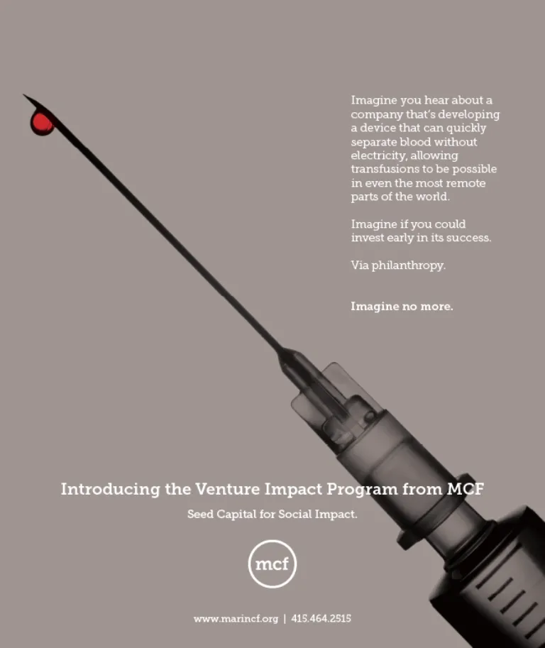 An advertisement featuring a syringe with a red liquid drop, promoting the Venture Impact Program from MGF.