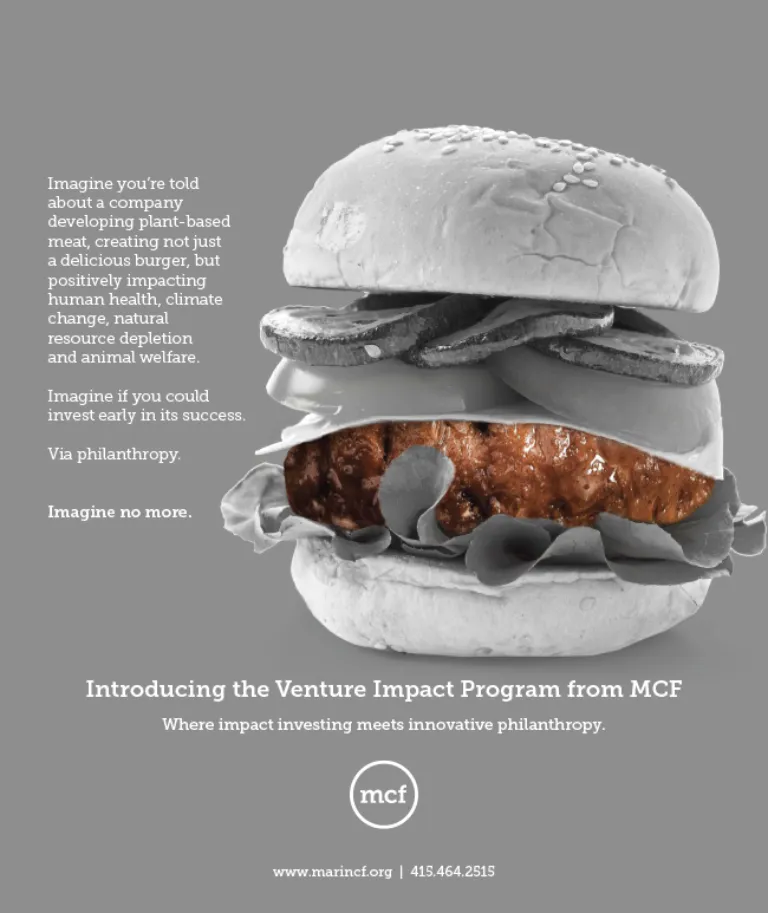 Image of a plant-based burger with text introducing the Venture Impact Program from MCF.