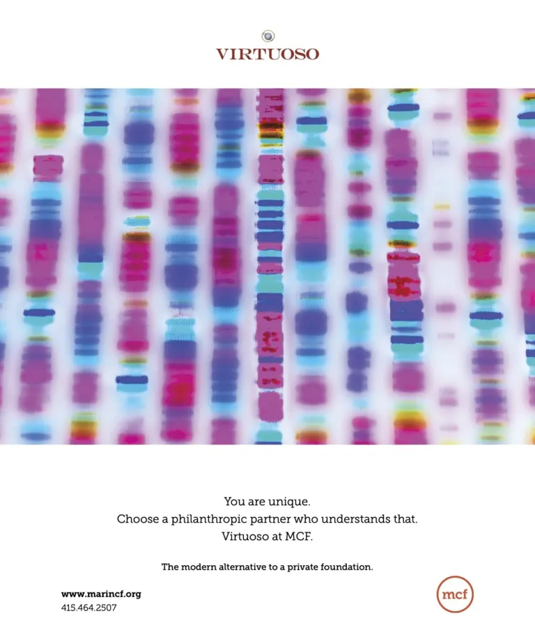 A colorful abstract DNA pattern with blurred text and the word "VIRTUOSO" at the top, with additional text and logos below.