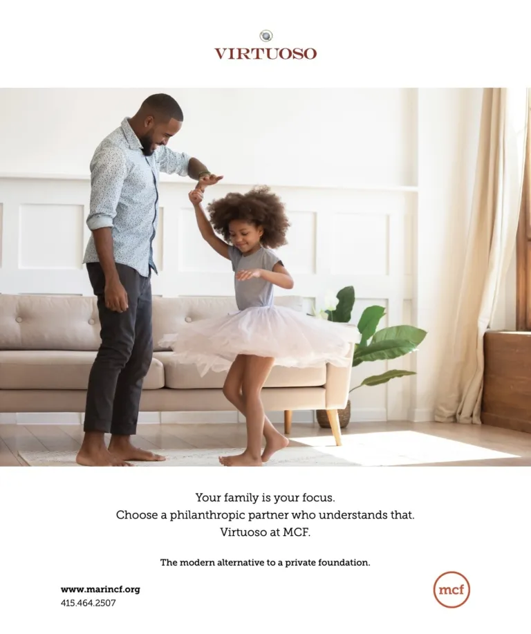 Man and young girl in tutu dancing in a living room, with an ad text for a philanthropic partner.