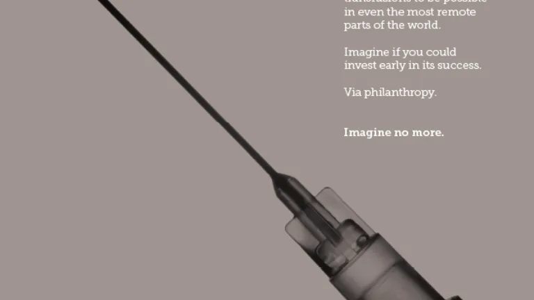 An advertisement featuring a syringe with a red liquid drop, promoting the Venture Impact Program from MGF.