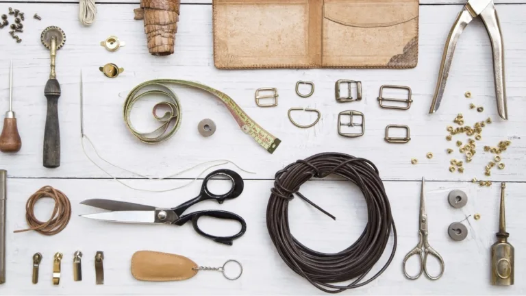 Assorted vintage tools and objects neatly arranged above advertising text for a philanthropic partner.