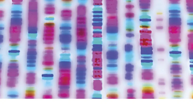 A colorful abstract DNA pattern with blurred text and the word "VIRTUOSO" at the top, with additional text and logos below.