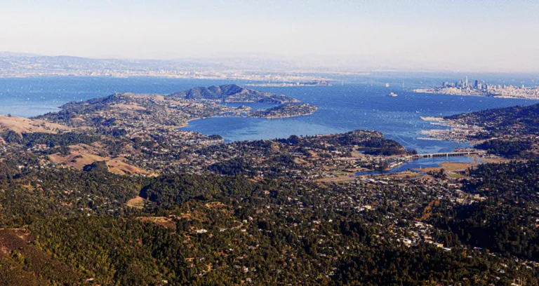 A beautiful panoramic shot of the entire bay area, taken from the top of Mount Tam, depicts hills with trees, the blue pacific ocean and the many bridges