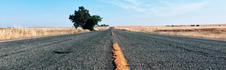 Looking down the middle of an empty asphalt road with a lone tree on a grassy plain