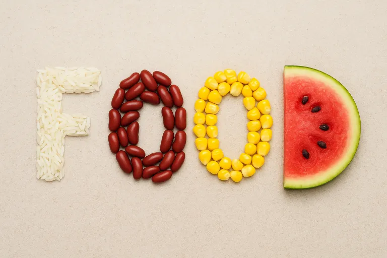 Image of the word food, spelled out using rice, beans, corn and watermelon