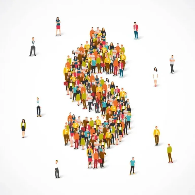 Graphic of colorful individual people standing together to form a dollar sign on a white background