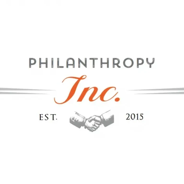 Philanthropy Inc. Est. 2015 logo in gray and orange on a white background