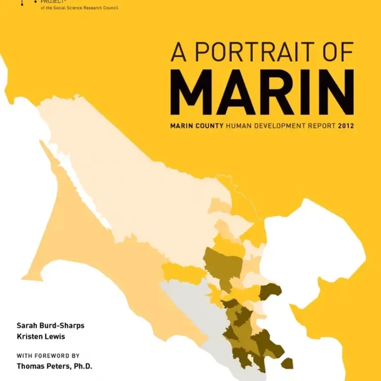 A Portrait of Marin report cover with a map of Marin cities in varing shades on a solid gold background