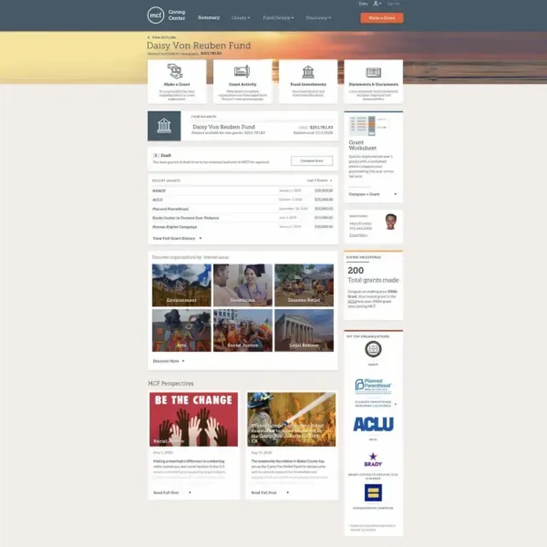 Giving Center web landing page with Daisy Von Reuben Fund's grantmaking information displayed