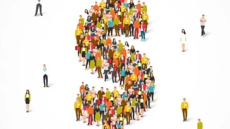 Graphic of colorful individual people standing together to form a dollar sign on a white background