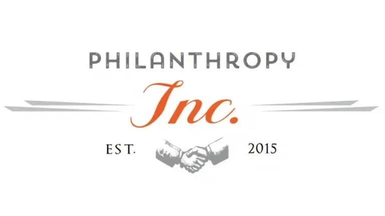 Philanthropy Inc. Est. 2015 logo in gray and orange on a white background