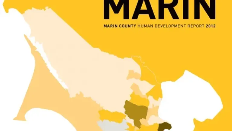 A Portrait of Marin report cover with a map of Marin cities in varing shades on a solid gold background