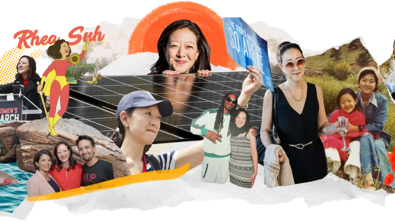 A vibrant collage of an Asian-American woman fishing, pictures of her as a young girl with her family, posed with famous celebrities and prized possessions, with a backdrop of natural elements and an orange sunrise