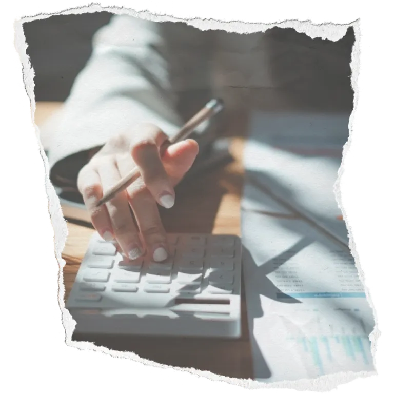 Torn paper image of woman typing on calculator with pencil in her hand