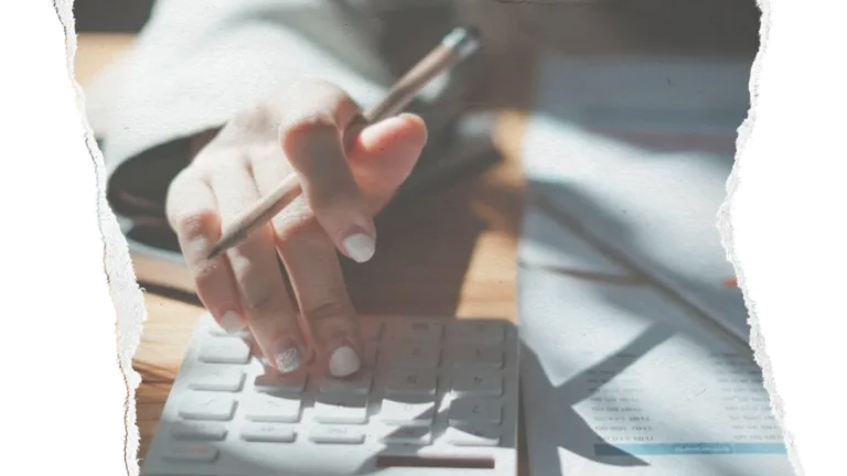Torn paper image of woman typing on calculator with pencil in her hand