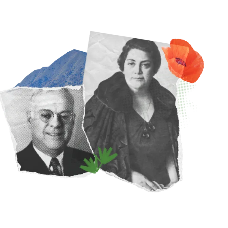 Black-and-white portraits of Leonard and Beryl Buck with a collage style that includes textured paper edges. The woman is dressed in a formal, elegant outfit, while the man wears glasses and a suit. Behind the images, there is a blue mountain and a bright orange poppy flower