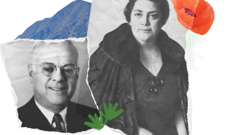Black-and-white portraits of Leonard and Beryl Buck with a collage style that includes textured paper edges. The woman is dressed in a formal, elegant outfit, while the man wears glasses and a suit. Behind the images, there is a blue mountain and a bright orange poppy flower