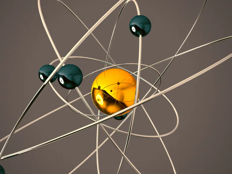 3D rendering of a stylized atomic structure with a central yellow sphere and orbiting electrons on a brown background.