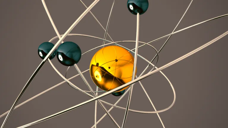 3D rendering of a stylized atomic structure with a central yellow sphere and orbiting electrons on a brown background.