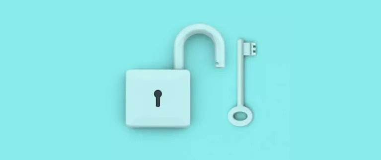 Open lock and key with a turquoise blue screen colorizing the image