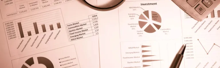 Papers with pie charts and bar graphs spread out on table