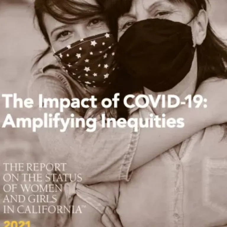 Cover of a report on COVID-19's impact on gender inequity, with text and a hugging figure in the background.