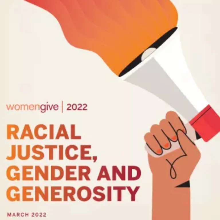 womengive cover of illustrated hand holding megaphone with orange and red color flowing out of it