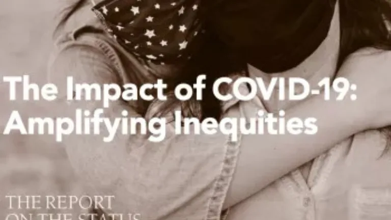 Cover of a report on COVID-19's impact on gender inequity, with text and a hugging figure in the background.