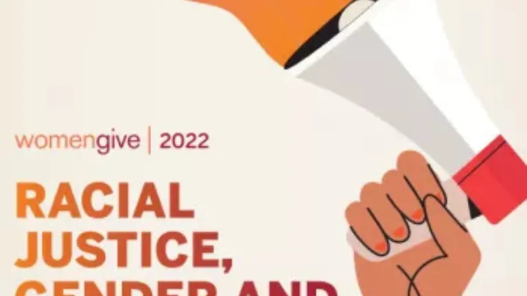 womengive cover of illustrated hand holding megaphone with orange and red color flowing out of it