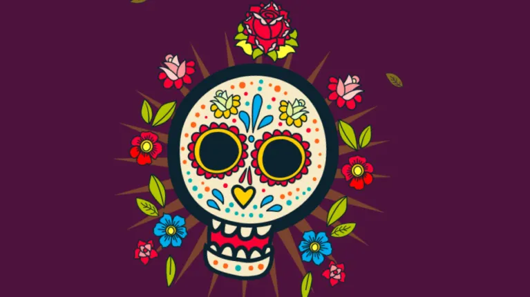 Colorful illustrated sugar skull with floral accents on a purple background.