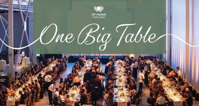 Image of the SF Marin Food Bank gala with several long tables filled with diners