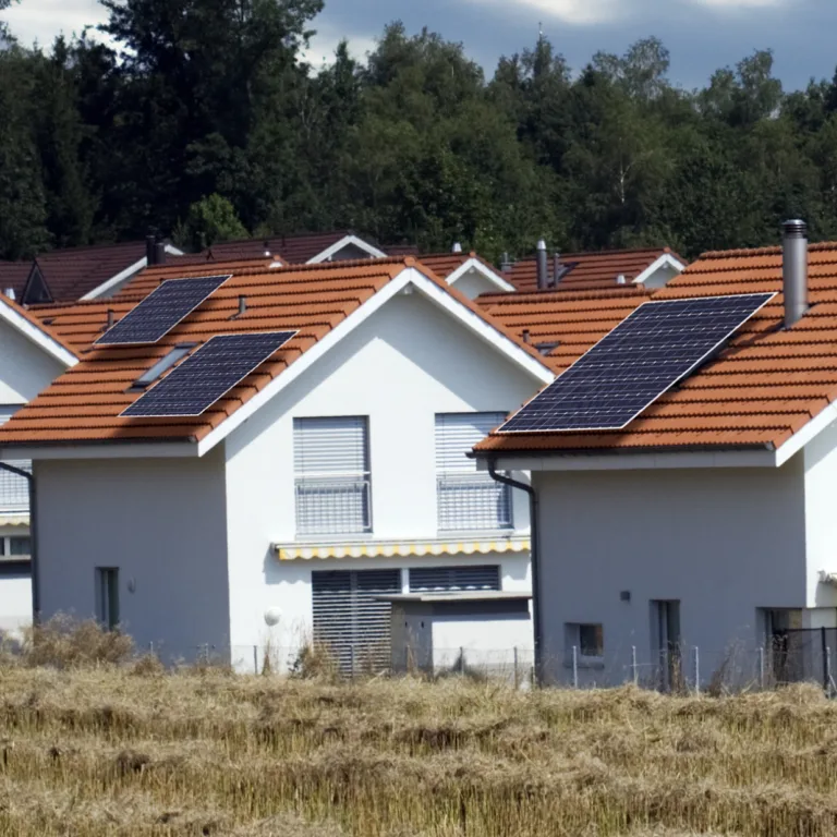 Houses with solar panels on roofs and trees in the background.