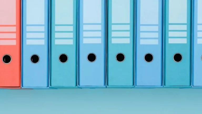 Row of blue binders with one red binder on a shelf.