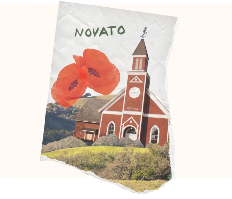 Illustration of a church and poppies on crumpled paper with the word "NOVATO".