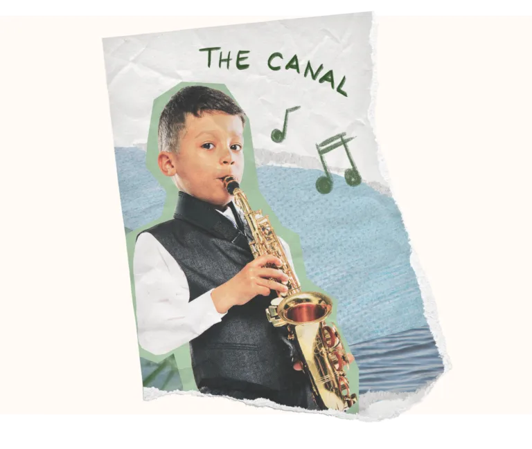 A torn paper with a child playing saxophone and the text "THE CANAL" with music notes.