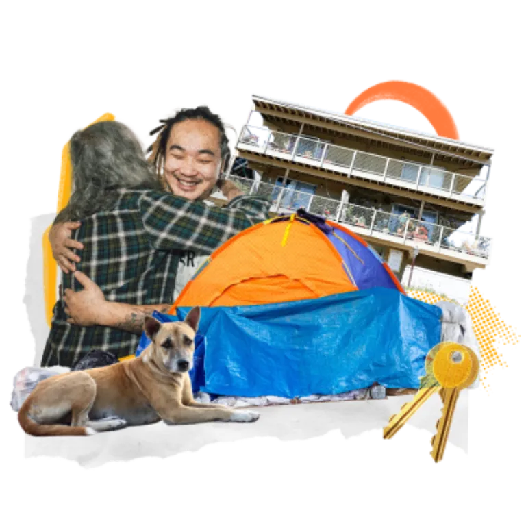 A collage that consists of a young man with dreadlocks embracing a person with long gray hair wearing a plaid shirt surrounded by a dog laying down, a blue tent, a set of gold keys and an apartment complex in the background