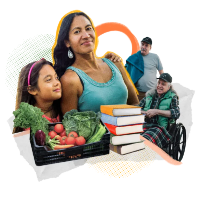 A collage of a young girl holding onto her mother's shoulder, surrounded by a basket of tomatoes, kale, cabbage and carrots, a stack of books, and two older men, one standing and pushing the other in a wheelchair