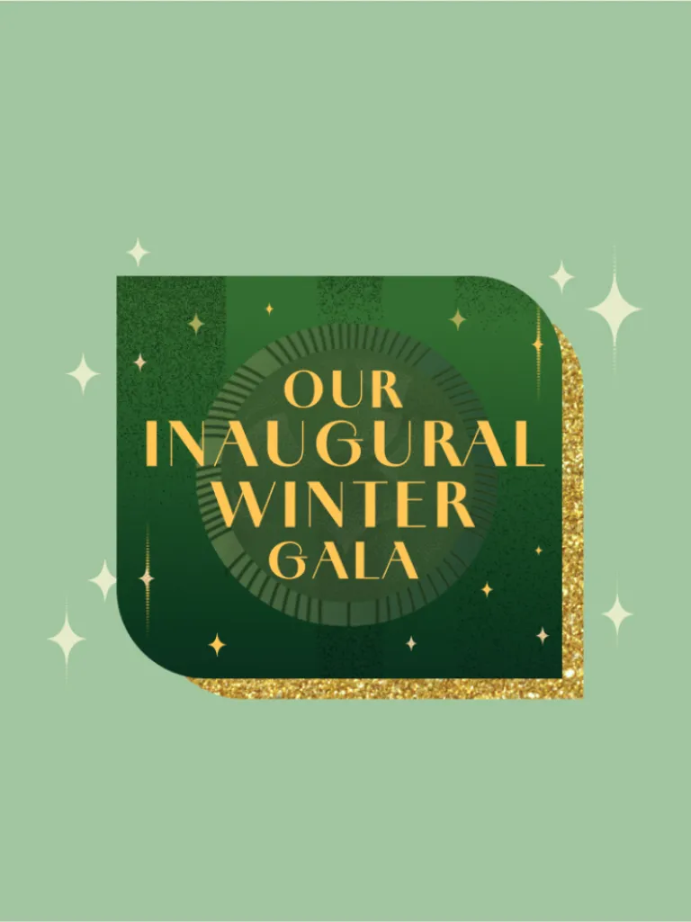 Invitation graphic for "Our Inaugural Winter Gala" with gold and green art deco style elements.