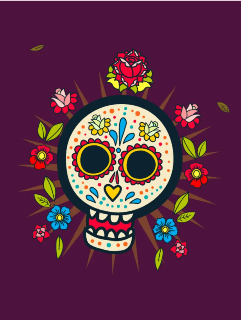 Colorful sugar skull illustration with floral patterns on a dark purple background.