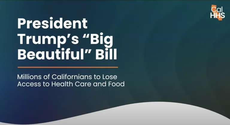 A video thumbnail that reads "President Trump's 'Big Beautiful' Bill Millions of Californians to lose access to Health Care and Food"