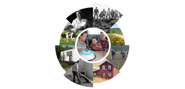 A collage of various images featuring farmland, livestock, and outdoor activities forming a circular design.