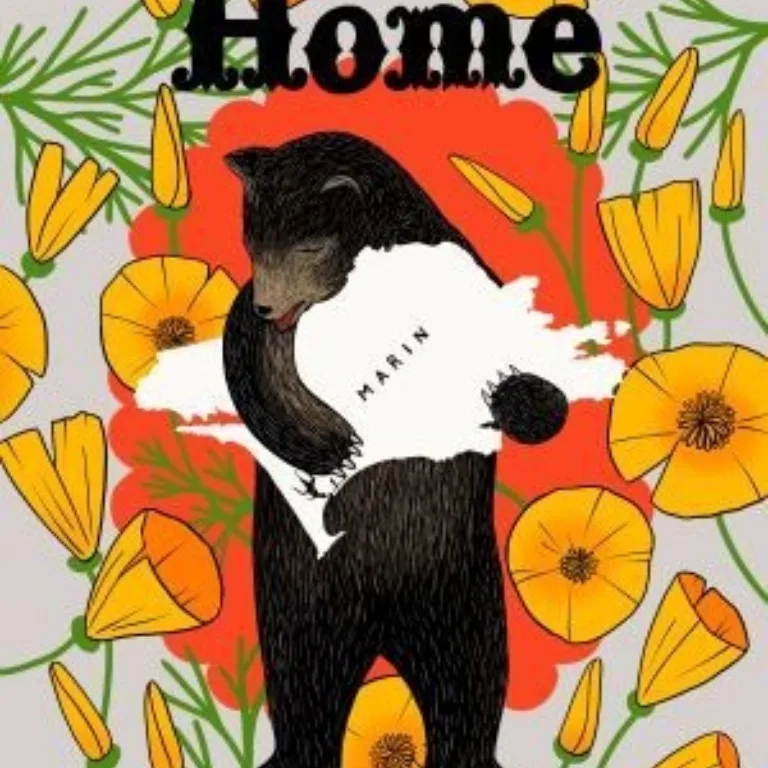 Illustration of a bear with a map of California on its torso surrounded by poppies and "HOME" text above.