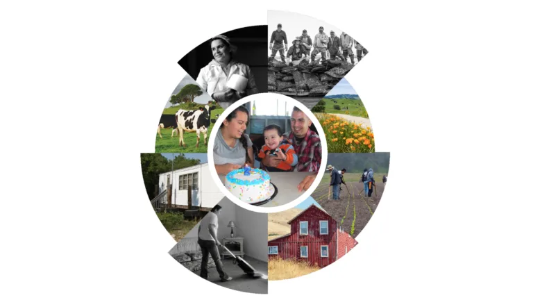 A collage of various images featuring farmland, livestock, and outdoor activities forming a circular design.